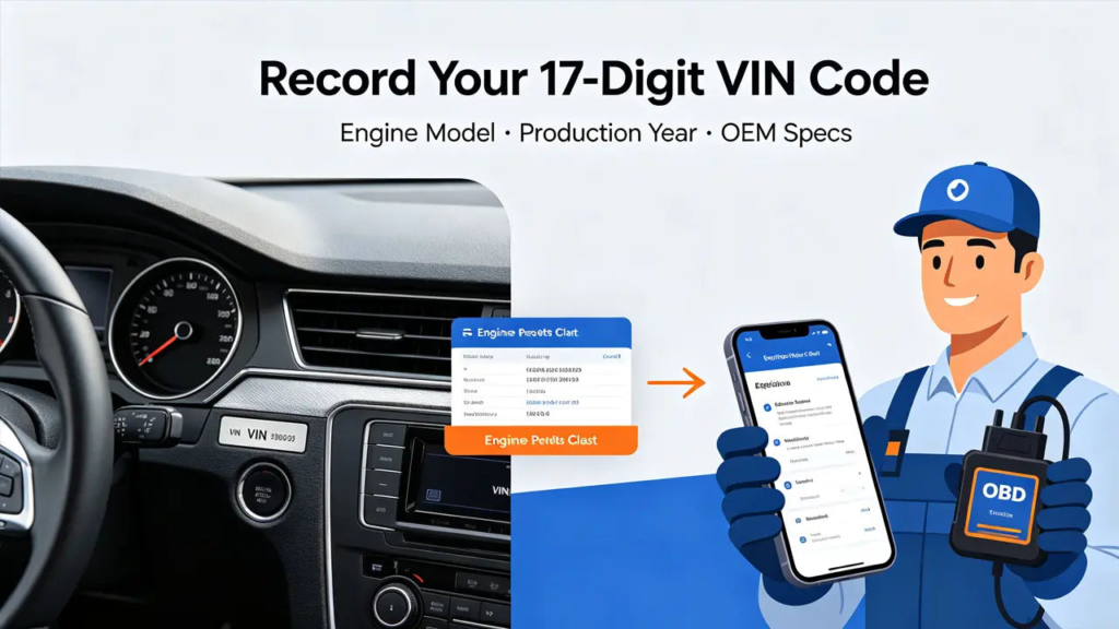 Guide on locating 17-digit VIN code on vehicle windshield and door frame for GPQ engine parts lookup